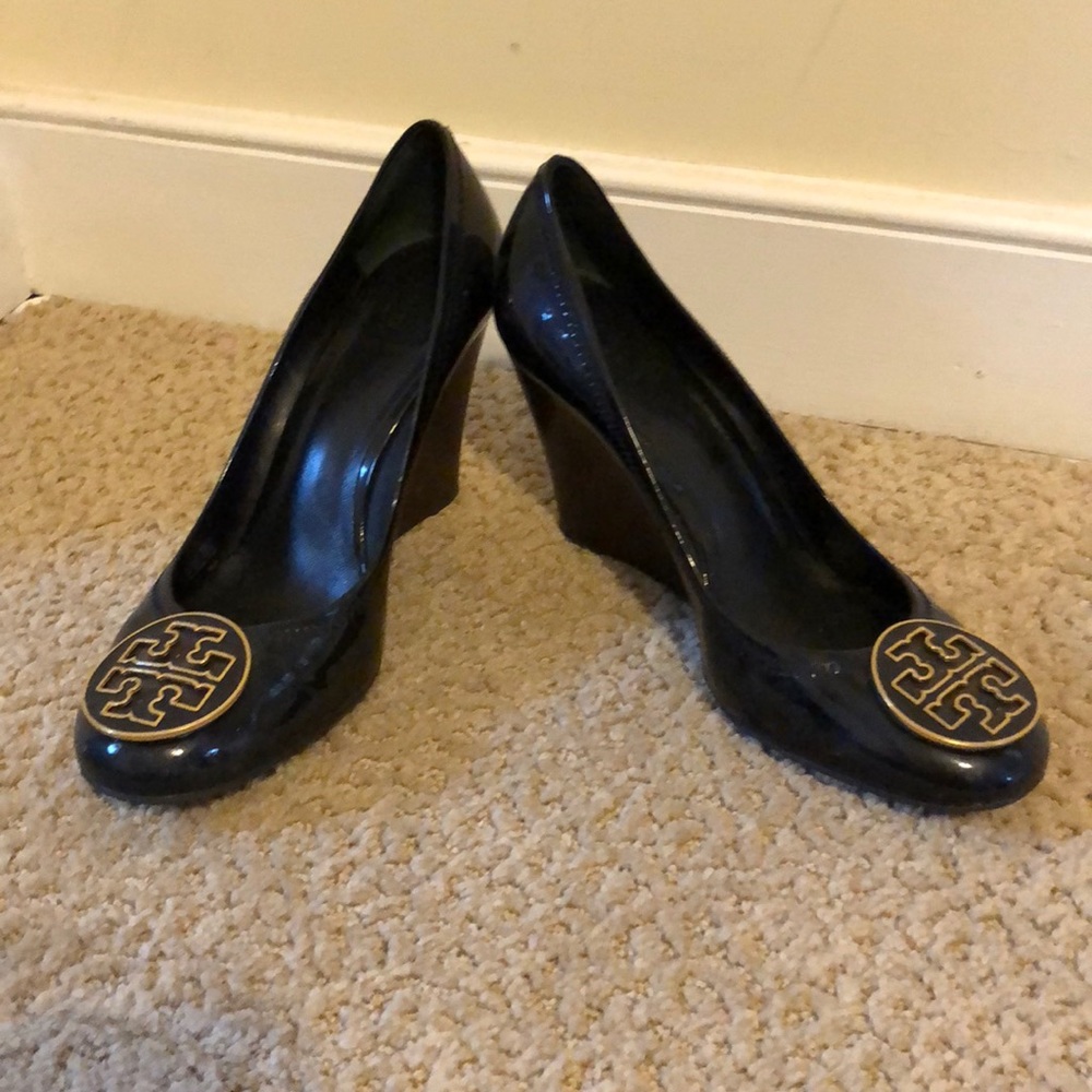 Tory Burch black patent wedges